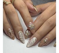 Faux Ongles à Coller - 24 Pièces, Fleurs en Relief avec Bord Doré, Nœuds, Effet Nacré et Ondulé, Style Européen INS, Amovibles