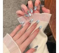 Faux Ongles à Coller - 30 Pièces, Dégradé Gris-Bleu Argenté Effet Œil de Chat, Coeurs et Strass, Style Européen INS, Avec Colle, Amovibles