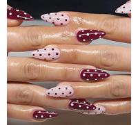 Faux ongles à coller Almond Sweet Polka Dot Wine Pink Base Mix French Tip avec languettes adhésives pour femmes, usage quotidien - 24 pièces
