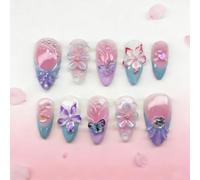 Faux ongles à coller Amande Moyens Fleur 3D violette artisanaux Kit de faux ongles à coller 30 pièces