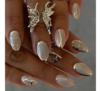 Faux ongles à coller - Art métallique abstrait Lignes argentées luxe Base nude Faux ongles Amande Sans éclats avec technologie Flexi-Fit - 24 pièces