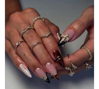 Faux ongles à coller avec croix et perle base nude rose élégants et audacieux longs et effilés, couverture complète - 24 pièces