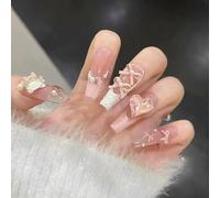 Faux Ongles à Coller avec un Ruban en Forme de Cœur et D'ours Faits à la Main - Ongles a Coller Design élégant et Ludique à la Française(S)