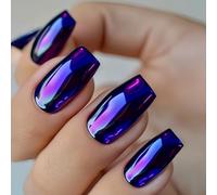 Faux ongles à coller bleu roi métallisé chromé carrés moyens ensemble de faux ongles holographiques anti-cassure