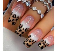 Faux ongles à coller carrés longs à fleurs léopard French manucure kit de faux ongles à coller 24 pièces