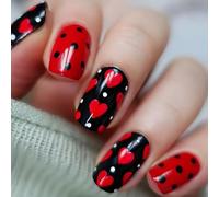 Faux ongles à coller courts carrés noir et rouge avec cœur de Saint-Valentin pour les fêtes