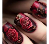 Faux ongles à coller courts carrés rouges avec fleurs pour les fêtes avec languettes adhésives