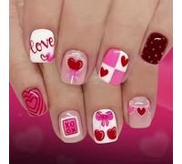 Faux ongles à coller courts carrés Y2K avec cœur nœud et XOXO pour la Saint-Valentin avec adhésif sans dommage pour adolescentes - 24 pièces