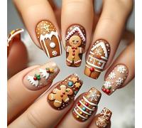 Faux ongles à coller en forme de maison au chocolat - Motif bonhomme de pain d'épice - Pour l'hiver - Faux flocon de neige - À presser