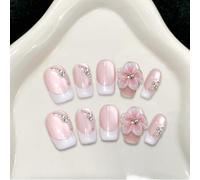Faux ongles à coller faits main, forme coffin moyenne, fleurs 3D avec strass, œil de chat, dégradé rose, French manucure blanche, été, pour femmes, avec colle, réutilisables, 10 pièces (XS)