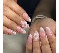 Faux ongles à coller forme amande courte élégants avec fleurs en gelée 3D et languettes adhésives 24 pièces