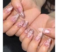 Faux ongles à coller forme amande courte élégants œil de chat rose clair nœud 3D acrylique 24 pièces