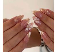 Faux ongles à coller forme amande courte French manucure élégants fleurs 3D en gel kit de 24 pièces