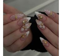 Faux ongles à coller forme amande courte French manucure fleurs 3D en gel avec languettes adhésives 24 pièces