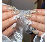 Faux ongles à coller forme amande courte motif œil de chat fleurs 3D aspect naturel 12 tailles - 30 pièces