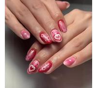Faux ongles à coller forme amande courte roses ombrés avec cœur étoiles avec languettes adhésives sans éclats avec technologie Flexi-Fit - 24 pièces