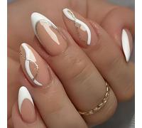 Faux ongles à coller forme amande French manucure argentée luxueuse sans dommage avec adhésif 10 tailles - Kit de 24 faux ongles à coller