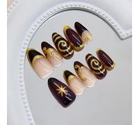 Faux ongles à coller forme amande moyenne 3D marron et doré vague œil de chat French tip XS Set de faux ongles 10 pièces