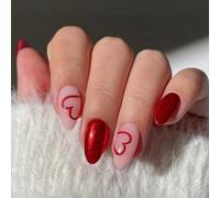 Faux ongles à coller forme amande moyenne brillants cœur avec languettes adhésives - 24 pièces