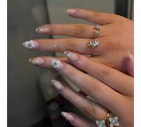 Faux ongles à coller forme amande moyenne fleurs 3D roses dorés métalliques kit de faux ongles à coller 24 pièces