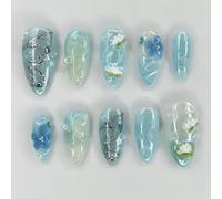 Faux ongles à coller forme amande moyenne fleurs vert clair faux ongles 3D métalliques argentés acrylique kit de 30 pièces