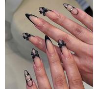 Faux ongles à coller forme amande moyenne French manucure fleurs noires en 3D faux ongles de danseuse avec languettes adhésives 10 tailles 24 pièces