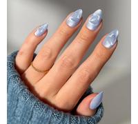 Faux ongles à coller forme amande moyenne œil de chat bleu clair faux ongles en forme de cœur avec languettes adhésives 12 tailles - 24 pièces