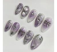 Faux ongles à coller forme amande moyenne violets dégradés nœud métallique 3D argenté acryliques 24 pièces