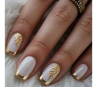 Faux ongles à coller French Tip Medium White Gold Line Faux ongles carrés à coller Longue tenue Flexibles