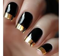 Faux ongles à coller French Tip noirs Medium Square Faux ongles Gold Line à coller Holographiques Anti-cassure