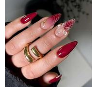 Faux ongles à coller Long Stiletto 3D Fleur rouge cristal pour femmes Hiver