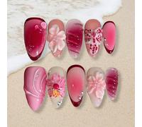 Faux ongles à coller Medium Almond 3D Blush Fleur rose rouge Faux ongles avec languettes adhésives