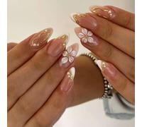 Faux ongles à coller Medium Almond 3D Gold Wave Lily French Tip pour femmes Soirée