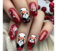 Faux ongles à coller moyens carrés rouges pandas pour l'hiver et l'automne 10 tailles kit de 24