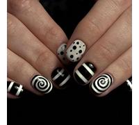 Faux ongles à coller pour hommes style gothique noir rock lignes blanches INS avec languettes adhésives