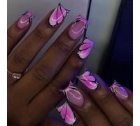 Faux ongles à coller sur les ongles à presser Motif papillon | Longues pointes carrées, finition brillante, languette adhésive pour tenue quotidienne de fête