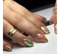Faux ongles à couverture complète scintillante 24x en forme d'amande à pression sables mouvants dorés à coller sur acrylique Simple