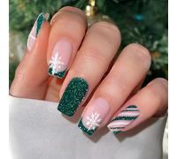 Faux ongles à paillettes vert de Noël - Faux ongles French artificiels vert de Noël, Résistants à longue durée, Brillance festive de Noël, Indispensables pour les femmes et les filles pour les fêtes