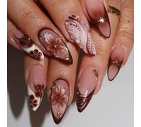 Faux ongles à pointe française marron avec sculpture florale ABS facile à enlever pour la mode quotidienne professionnelle Faux ongles en ABS