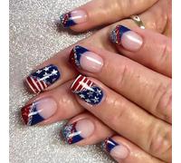 Faux ongles à presser 4 juillet - Faux indépendance avec drapeaux américains - Étoile à coller sur les ongles