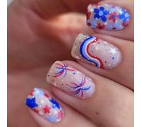 Faux ongles à presser avec pointe française - Application facile et couverture complète - Ajustement naturel pour les fêtes du 4 juillet, les événements patriotiques | Faux ongles en acrylique avec