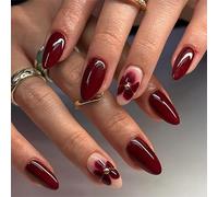 Faux ongles à presser en forme d'amande avec fleur rouge - Bordeaux bordeaux bordeaux rouge amande avec strass - Acrylique brillant - Couverture complète à coller avec colle - Conseils élégants pour