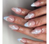 Faux ongles à presser en forme d'amande French Tip - Papillon artificiel à coller sur les ongles - Pour les designs artistiques - Colle acrylique pour femme - Transparent