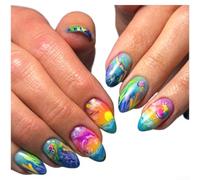 Faux ongles à presser en forme d'amande marine | Tortue de mer vibrante, ombre dégradée, forme d'amande élégante, look prêt à la plage, essentiel pour l'été