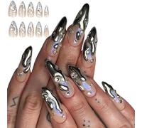 Faux ongles à presser en forme d'amande pour French manucure avec décoration argentée 3D et kit d'outils portables