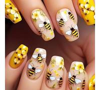 Faux ongles à presser en forme de cercueil - Couverture complète - Motif floral - Pour femmes et filles - Accessoires de manucure - Prêt à l'emploi