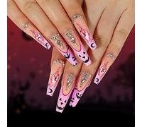 Faux ongles à presser en forme de tête de mort - Faux ongles français - Faux ongles d'Halloween avec colle en gelée pour femme