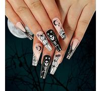 Faux ongles à presser en forme de tête de mort - Faux ongles français - Faux ongles d'Halloween avec colle en gelée pour femme