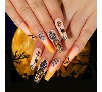 Faux ongles à presser en forme de tête de mort - Faux ongles français - Faux ongles d'Halloween avec colle en gelée pour femme