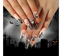 Faux ongles à presser - Motif tête de mort - Faux ongles français - Halloween